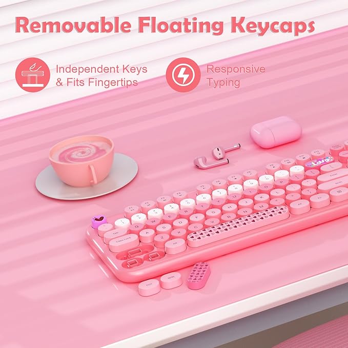 Wireless Keyboard and Mouse,MOFII 104 Round Keys Lovely Full-Size Cute Colorful Keyboard and Mouse with Retro Typewriter for PC/Mac/Laptop/Tablet/Computer/Windows Pink-DeskLoop Office
