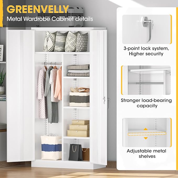 Greenvelly Metal Storage Wardrobe Cabinet with Lock, 72" White Metal Wardrobe Closet for Hanging Clothes with Doors and Shelves, Modern Clothes Closet for Home, Office and Bedroom, School,Gym-DeskLoop Office