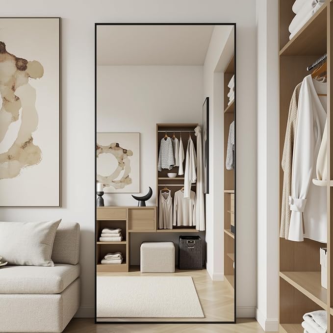 Full Length Mirror, 71"x32" Oversized Floor Mirror Freestanding, Full Body Mirror Floor Standing Mirrors with Stand, Hanging Mounted Mirrors for Bedroom Living Room, Black, Rect Style-DeskLoop Office