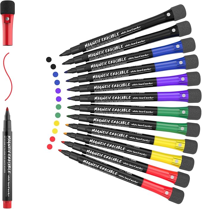 Magnetic Dry Erase Markers Fine: 12 Count 6 Colors Erasable Whiteboard Markers by ANYUKE