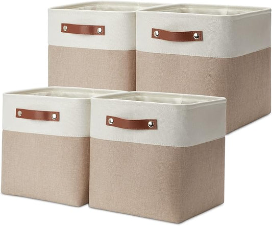 DULLEMELO 11 inch Cube Storage Bins, Large Collapsible Grey Storage Baskets for Square Cubes Organizing, Fabric Boxes Bins for Shelves Nursery Home Office Storage(4 Pack - 11" White&Khaki)-DeskLoop Office