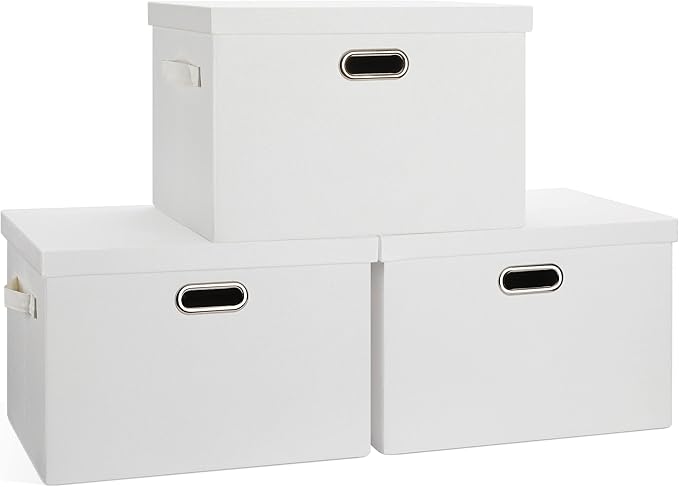 Large 17" 36 Quart Collapsible Stackable Storage Bins with Lids, 3 Packs White Linen Fabric Closet Boxes with Lids, Storage Cube Baskets Container Organizers for Bedroom Office(17 x12 x11)-DeskLoop Office