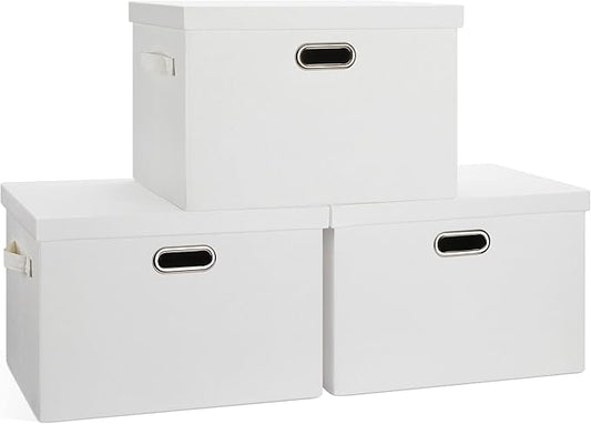Large 17" 36 Quart Collapsible Stackable Storage Bins with Lids, 3 Packs White Linen Fabric Closet Boxes with Lids, Storage Cube Baskets Container Organizers for Bedroom Office(17 x12 x11)-DeskLoop Office