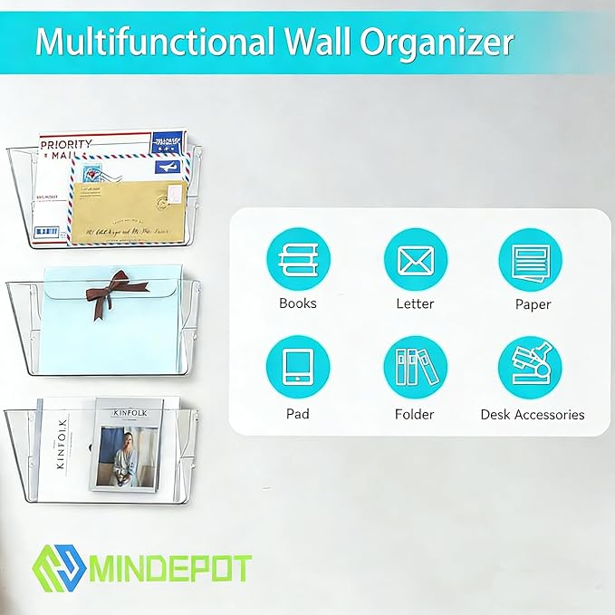 MINDEPOT 3 Pockets Acrylic Wall File Organizer, Plastic Hanging Wall File Holder - Image 5