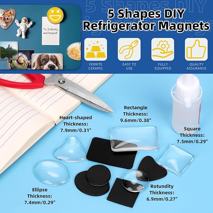 Glarks 72pcs Fridge Magnets Craft Set Round/Oval/Square/Heart/Rectangle Shape Ferrite Ceramic Magnets with Adhesive Backing and Transparent Glass Cabochons for Fridge Office Locker Whiteboard Making-DeskLoop Office