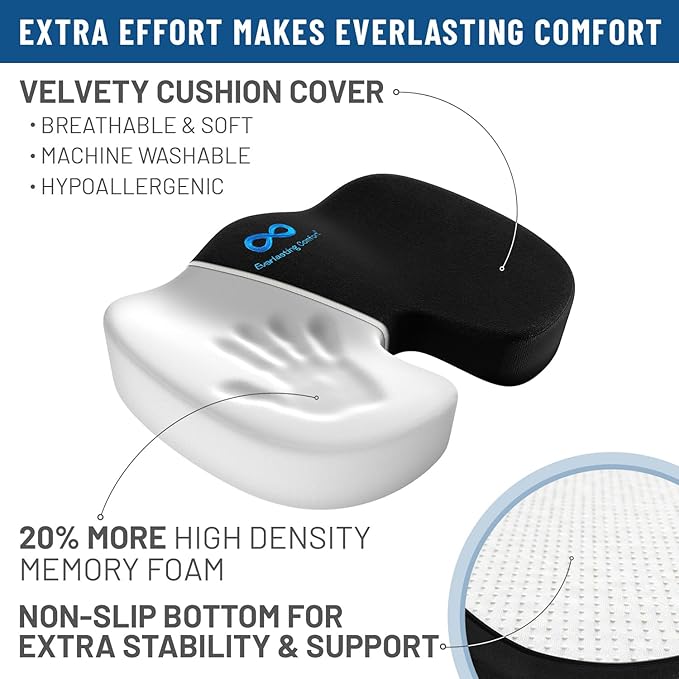 Everlasting Comfort Doctor Recommended Memory Foam Seat Cushion for Office Chairs & Car Seat - Ergonomic Office Desk Accessories for Tailbone Pain Relief, Sciatica & Back Support-DeskLoop Office