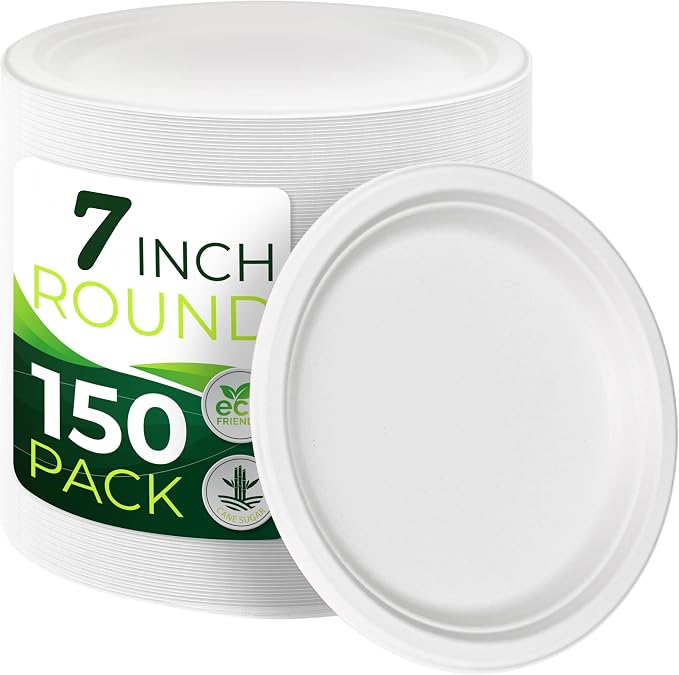 150pcs 100% Compostable Small Paper Plates, Heavy Duty, Eco Friendly Appetizer by Birchio
