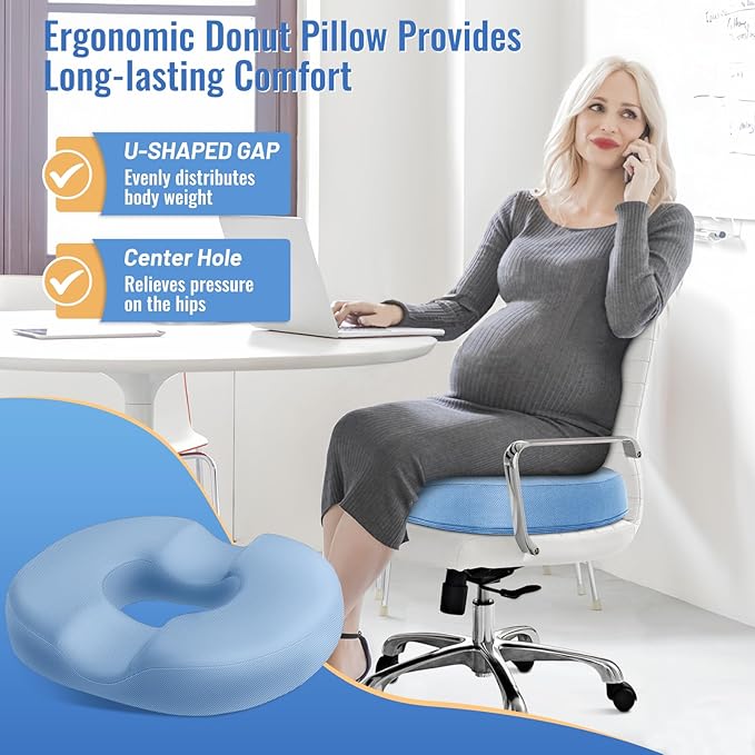 CloudBliss Donut Pillow Seat Cushion Chair Pad for Tailbone Pain Relief and Hemorrhoids, Memory Foam Seat Chair Cushion for Men and Women for Home & Office, (Light Blue-XL)-DeskLoop Office