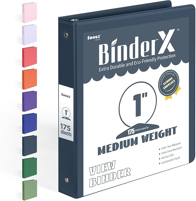 BinderX Extra Durable 3 Ring Binder, Round Rings 1 Inch Binder, Fits 175 Sheets by Sooez