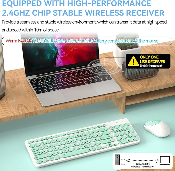 FD Wireless Keyboard and Mouse Combo - 2.4GHz USB Cordless, Cute Round Keys, Quiet and Slim Set for Laptop, Computer, TV, and Mac - Mint Green & White-DeskLoop Office