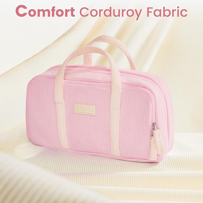 Sooez Large Pencil Case Pouch, Extra Big Pencil Bag with 5 Compartments, Pen Case Wide Opening, Soft Corduroy Pen Bag Organizer with Zipper, Cute Aesthetic School Supplies for Teen Girls, Pink-DeskLoop Office