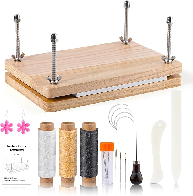 JUPEAN Book Binding Kits, Bookbinding Supplies, Bookbinding Kit for Beginners Bone Folder Tool with Paper Awl Waxed Thread Book Press for DIY 7.9”x11.6”-DeskLoop Office