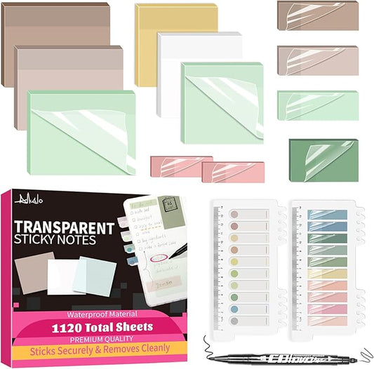 Transparent Sticky Notes,1120 Sheets Clear Sticky Notes with Pen, Waterproof Annotation Kit, Self-Adhesive Translucent Writable Index Tabs for Annotation Books, Bible Journaling Study Office School-DeskLoop Office