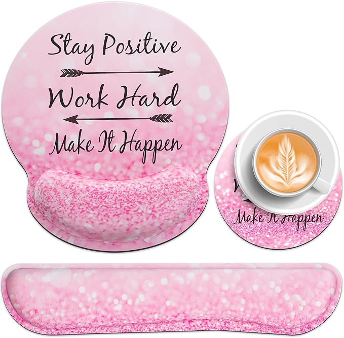 Mouse Pad with Wrist Rest Set Pink, 3-in-1 Wrist Support Mousepad Set, Gaming by QOMOLAMA