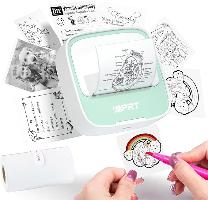 iDPRT Portable Sticker Maker Machine with 1 Roll Sticker Paper, Mini Printer Efficiently and Quickly, Thermal Printer for Study Notes, Pictures, DIY, Label, Free App with Multiple Templates, Green-DeskLoop Office
