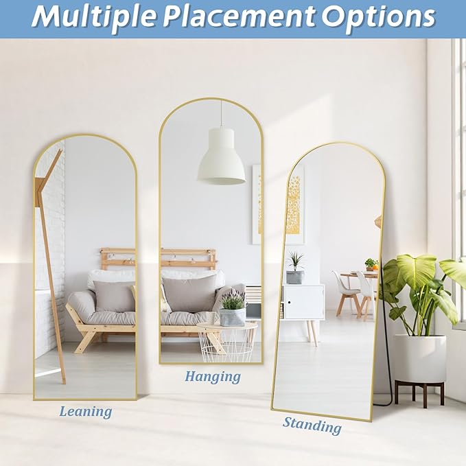 Floor Mirror Full Length, 56"X18" Gold Arch Full Length Body Mirror Wall Mounted with Thin Aluminum Frame, Tempered Glass Long Standing Mirror for Bedroom Living Room Dorm-DeskLoop Office