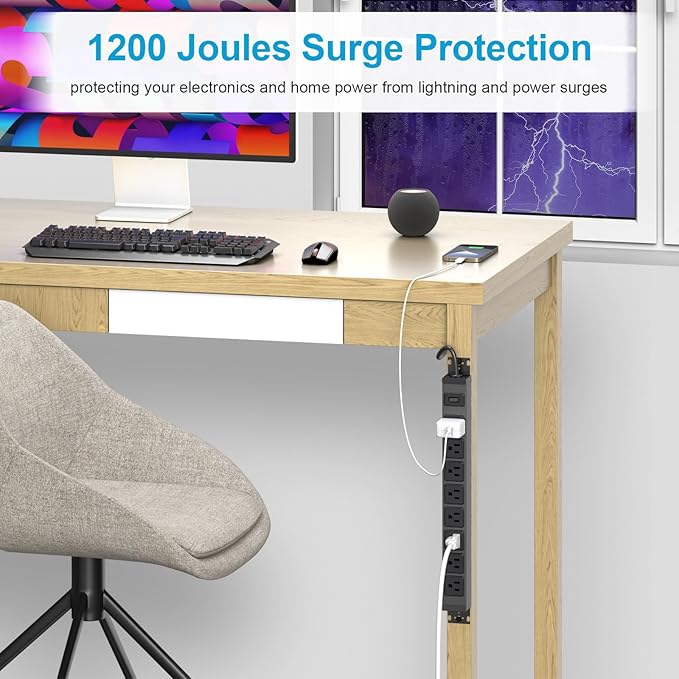 HHSOET Metal 360° Rotating Mountable Power Strip, 8 Outlet Gaming Table Mounted Outlet Strip, Heavy Duty Wall Mount Surge Protector with Switch, 15A 125V 1875W, 6ft Power Cord.(Black)-DeskLoop Office