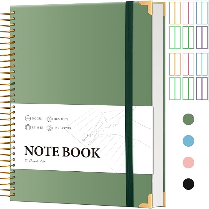 Large Spiral Notebook College Ruled with Tab Stickers A4 Notebooks for School Supplies Hardcover Spiral Notebook 8.5 x 11 Journal Note Book for Work Note Taking Women Men Writing, 220 Pages, Green-DeskLoop Office