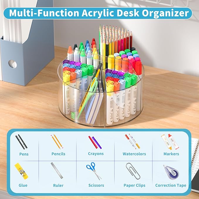 Acrylic Pen Holder for Desks, Acrylic Desk Organizer Clear, 360 Degree Pencil Holder for Desk Kids, Rotating Desk Organizer Rotating Pen Holder for Desk, Art Supply Storage Organizer 6 Compartments-DeskLoop Office