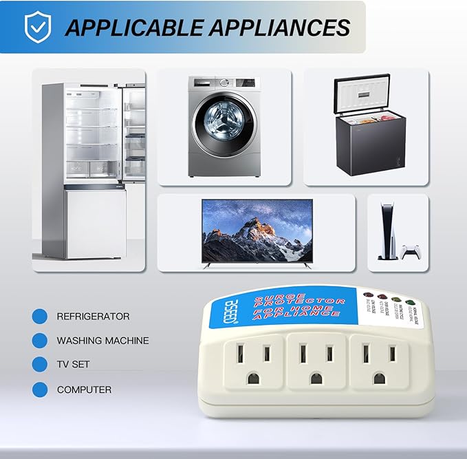 BSEED Voltage Protector, 3 Outlet Plug in Surge Protector for Home Appliance Multi Function Plug with Protection Wall Mount Power Suppressor for TV/PC/Refrigerator 125V, 1875W, 1 Pack-DeskLoop Office