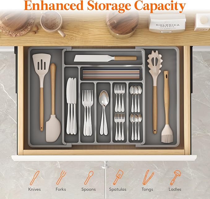 Lifewit Utensil Organizer for Kitchen Drawer, Expandable Cooking Silverware Tray - Image 2