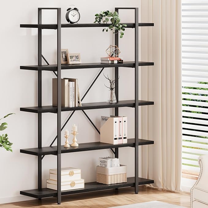 HSH 5 Tier Tall Black Bookshelf, Wood and Metal Storage Book Rack, Industrial Modern Etagere 5 Shelf Bookcase, Large Wide Open Display Book Shelf for Bedroom Living Room Office, Bookshelves Heavy Duty-DeskLoop Office