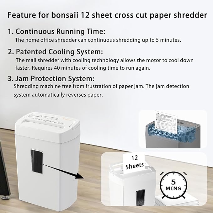 Bonsaii 12-Sheet Cross Cut Shredder, P-4 High Security Shredding, 5.5 Gal, Heavy Duty for Home Office, Shreds Paper, Credit Card, Mail, Staples, with Transparent Window, White-DeskLoop Office