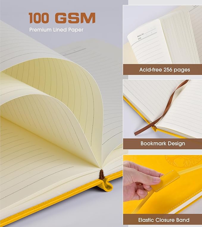 Lined Journal Notebook for Women Men,256 Pages A4 Large Hardcover Leather Journals for Writing,Travel,Business,Work,School,College Ruled Notebooks for Note Taking,Diary Notepad 8.6"×11"(Yellow)-DeskLoop Office
