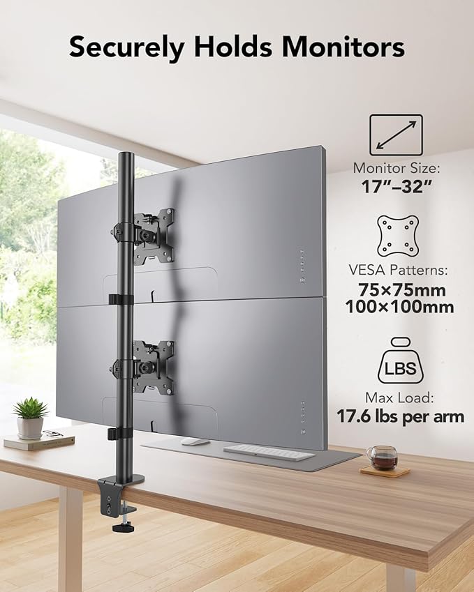 HUANUO Vertical Dual Monitor Mount, Stacked Monitor Stand for 2 Monitors with Height Adjustment Computer Monitor Arm Supports Two 17 to 32 Inch with C Clamp Each Desk Mount Hold up to 17.6lbs-DeskLoop Office