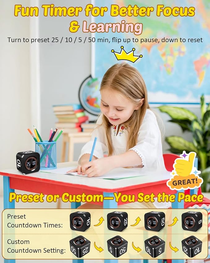 Digital Pomodoro Timer Cube 5/10/25/50min, Visual Productivity Flip Timer - Image 2