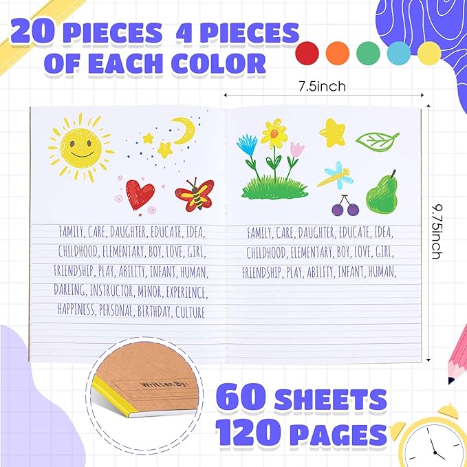 Henoyso 20 Pcs 120 Pages Primary Composition Notebooks K-2, Primary Journal Grades K-2, Writing Journal Practice Notebook for Kids in Preschool, Kindergarten, Back to School Supplies (Rainbow)-DeskLoop Office