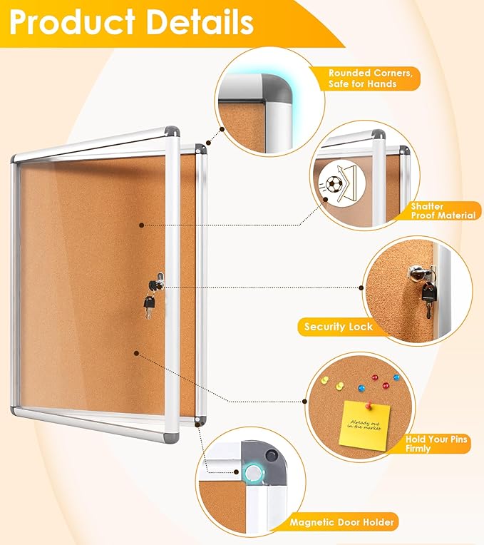 SWANCROWN Enclosed Bulletin Board Tamper-Proof Cork Noticeboard Secure Information Board with Acrylic Door 26x20inch (4xA4)