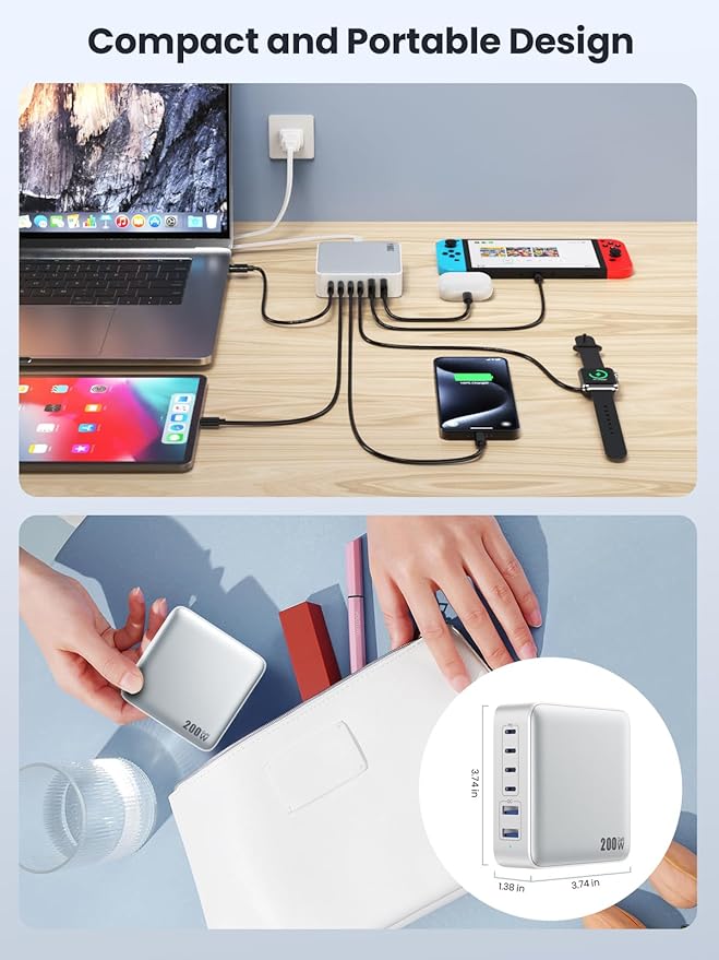 USB C Charger Block 200W[2025 Upgraded] GaN III 6 Port Fast Charging Station Hub,PD 65W USB C Laptop Charger Compatible with MacBook Pro/Air,iPad,iPhone 16/15,Galaxy S23/S24 Steam Deck Dell XPS etc-DeskLoop Office