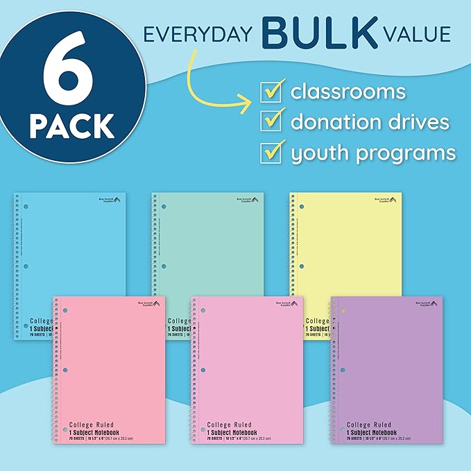 Blue Summit Pastel Spiral Notebook College Ruled, One Subject School Notebooks Spiral, Perforated Notebooks Bulk, 8 x 10.5 School Book, Paper, College Ruled, 6 Pack-DeskLoop Office