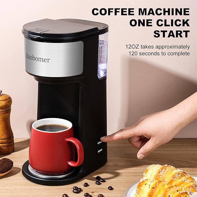 K Cup Coffee Maker, Single Serve coffee machine or Ground Coffee Machine 2 in 1, 6 to 14 Oz Brew Sizes, Mini One Cup Coffee Maker with Self cleaning Function, Fits Travel Mug, Black-DeskLoop Office