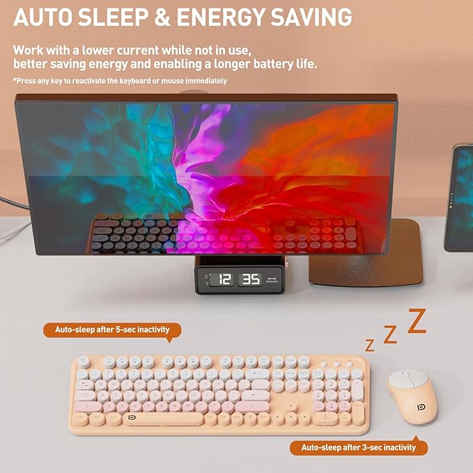 Wireless Keyboard and Mouse Combo, 105 Round Keys Full-Size Cute Colorful Pink Cordless Keyboard and Mouse with Retro Typewriter for PC/Mac/Laptop/Tablet/Computer/Windows Pink-DeskLoop Office