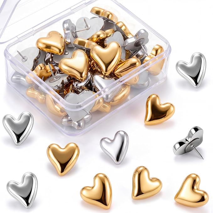 Epakh 30 Pcs Metallic Heart Thumb Tacks Decorative Push Pins Push Pins Metallic by Epakh