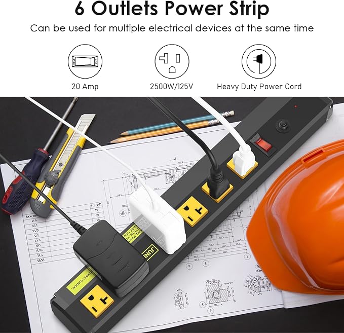 JUNNUJ Heavy Duty Metal Power Strip 20 Amp, High Amp Surge Protector 6 Outlet, 20A Power Strips Workshop Industrial Outlets Wide Spaced 6-20R T-Slot with Circuit Breaker, 12 Gauge Extension Cord 15ft-DeskLoop Office