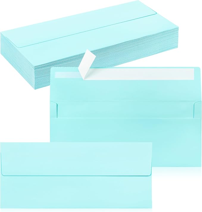 50 Pack #10 Business Envelopes, Self Seal Standard Light Blue Envelopes by QIKSION