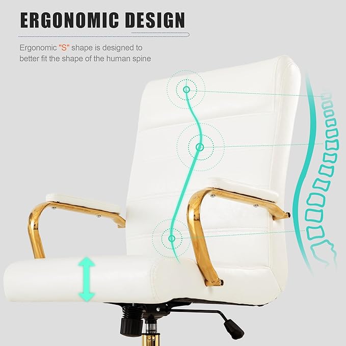 Office Desk Chair,Modern Leather Conference Room Chairs,High Back Home ofiice Chair,Adjustable Height Swivel Executive Computer Chair with Padded Seat and Armrest (White with Gold Frame)-DeskLoop Office