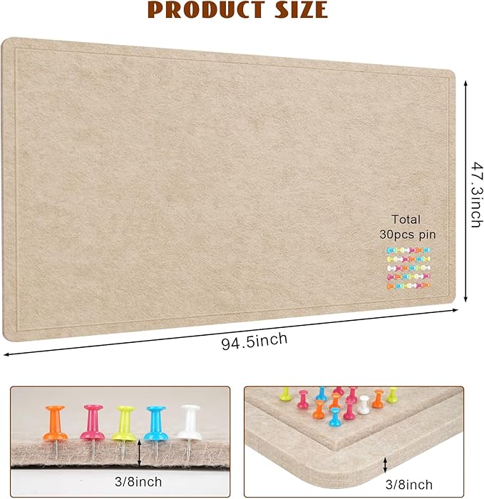 Extra Large Bulletin Board, 96 X 48 inches Cork Board with 30 Pushpin, 8' x 4' Felt Cork Board Notice Pin Board, Self-Adhesive Vision Board Mood Board Foldable Photo Board for Wall - Beige Brown-DeskLoop Office