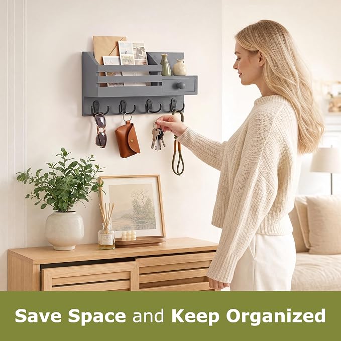 Key Holder Wall Mount, Wooden Adhesive Mail and Key Organizer - Image 2