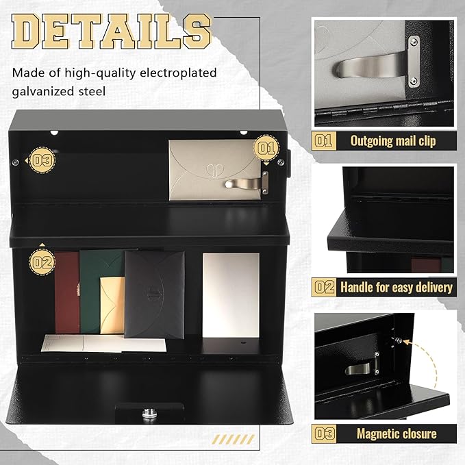 Extra Large Wall Mount Mailboxes for Outside 18 x 16.5 x 7 Inches Locking Security Mail Box Galvanized Steel Wall Mailbox Large Capacity Post Box with Key Lock and Reflective Stickers(Black)-DeskLoop Office