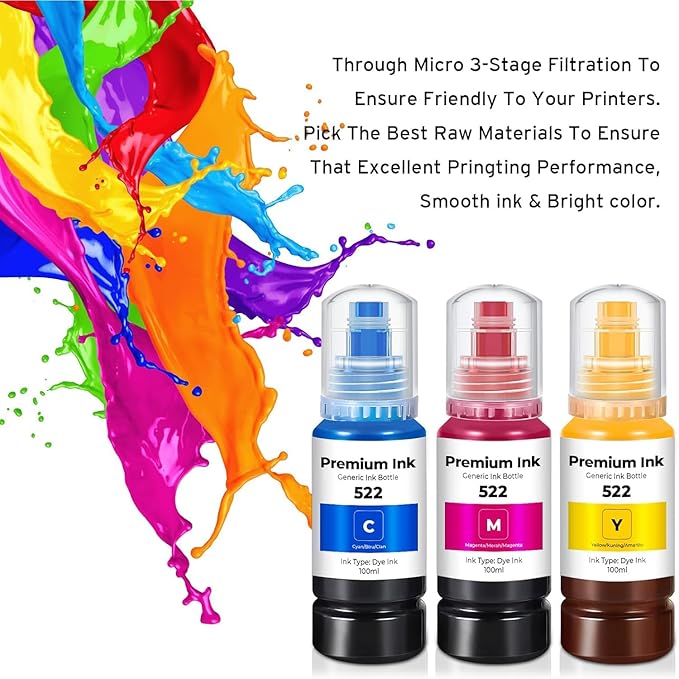 Printers Jack 522 Ink Refill Ink Bottle Kit Compatiable with T522 and Supertank ET-2800 ET-4700 ET-4800 ET-2710 ET-2720, ET-2803 Printer, (2BK C M Y)-DeskLoop Office
