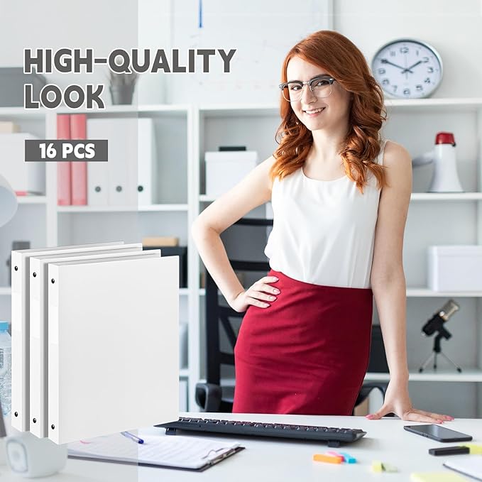 Henoyso 16 Pcs 3 Ring Binder 1/2'' Round Fits Letter Size 8. 5'' x 11'' Paper Plastic Flexible Binder Holds 100 Sheets with 1 Pockets Versatile Organizer for Office Home School (White)-DeskLoop Office