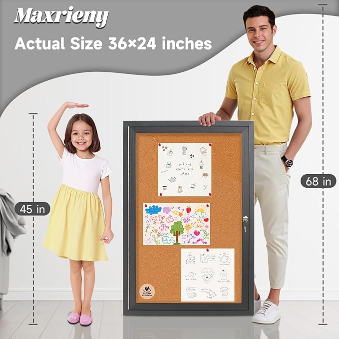 Enclosed Bulletin Board,Outdoor Weatherproof Cork Noticeboard with Locking Door, Wall-Mounted Black Aluminum Frame,Display Case Message Board for Office Home,36x24 Inch (5xA4)-DeskLoop Office