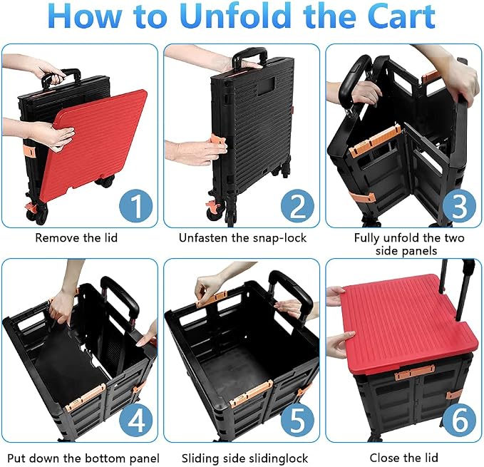 FELICON SELORSS Foldable Utility Cart Folding Portable Rolling Crate-Red | - Image 4
