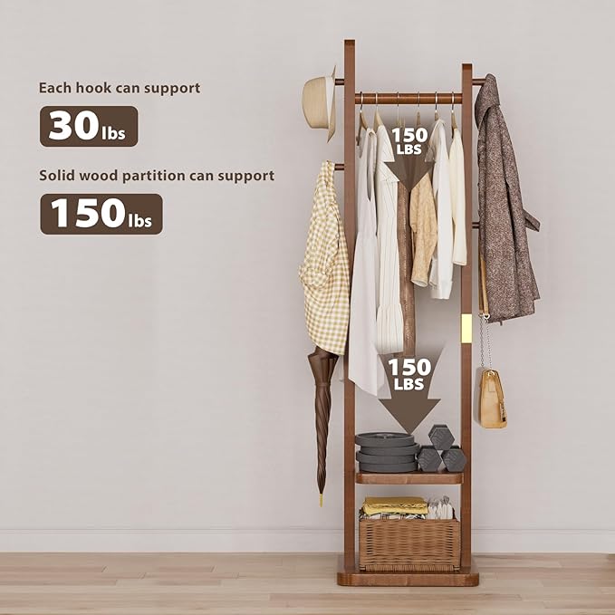Solid Wood Coat Rack, Coat Rack Freestanding with 2 Shelves and 5 Hooks, Heavy Duty Coat Tree for Entryway，Living room，Coat Hanger Stand for Hats, Bags (Walnut Brown)-DeskLoop Office