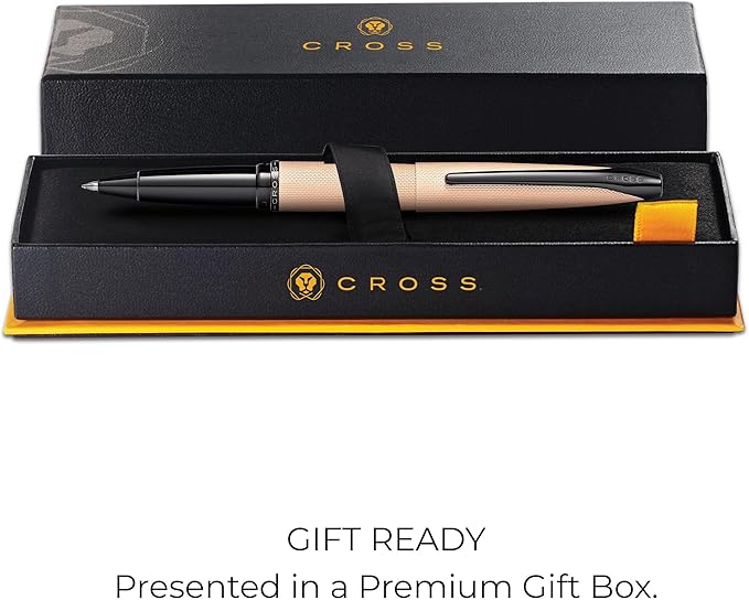 Cross ATX Refillable Rollerball Pen Presented in a Luxury Gift Box - Medium Point, Black Ink, Sandblasted Rose Gold-DeskLoop Office
