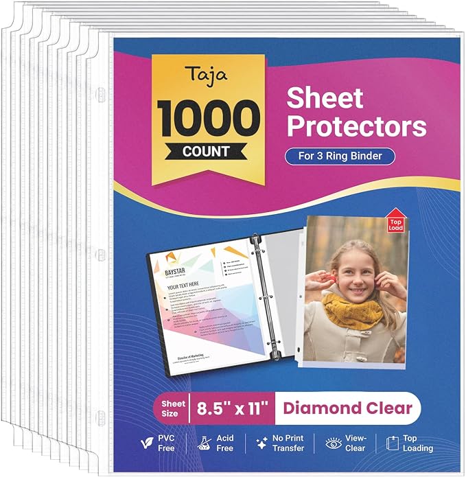 Taja Sheet Protectors for 3 Ring Binder, Non-Glare Page Protectors Top Loading by Taja